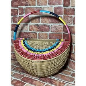 Vintage Style Rainbow Resin Wicker Picnic Basket Multi Color Half Moon Bag